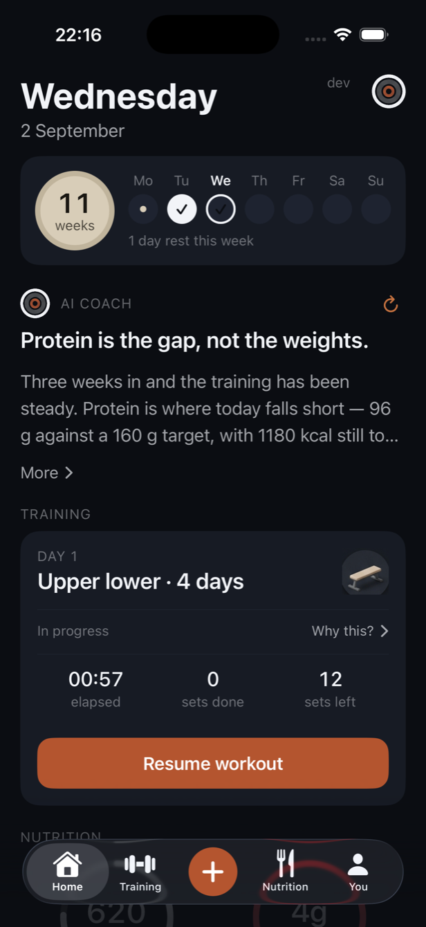 Attu's home screen: the coach's note, the week, and today's session.