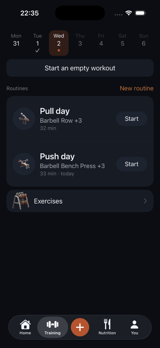The Training tab: routines and today’s session.