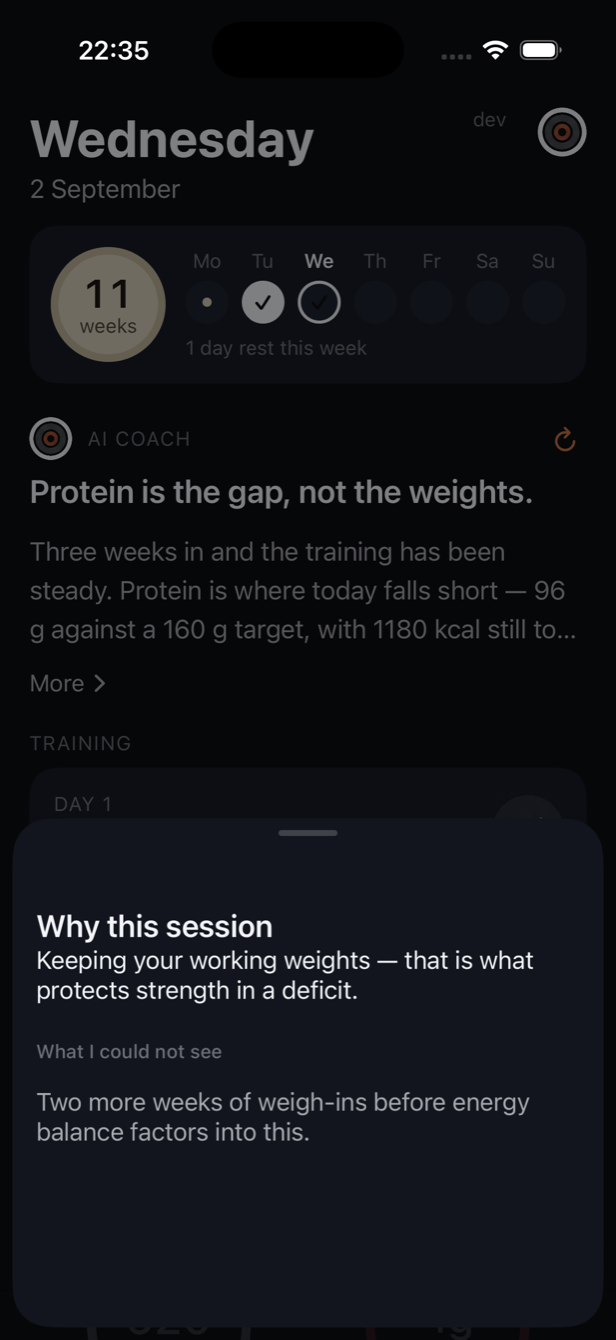 Axon's disclosure sheet: 'Why this session' above the reason, and 'What I could not see' above the limit.